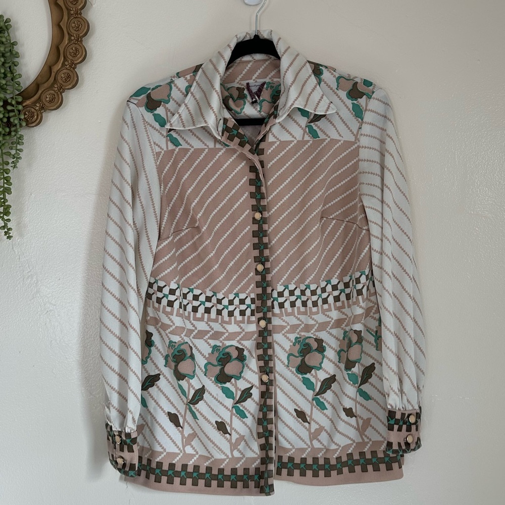 Vintage Beige and Teal Patterned Blouse